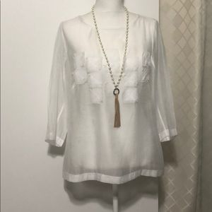 White sheer shirt with geometric squares